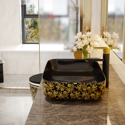 Preto feito sob encomenda Art Deco Pedestal Basin dourado do quadrado 500*380*130mm