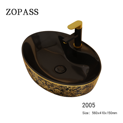 Cor autônoma oval luxuosa do ouro do preto da bacia da vaidade com torneira
