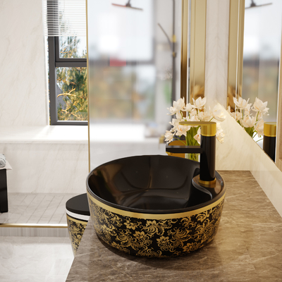 Cor autônoma oval luxuosa do ouro do preto da bacia da vaidade com torneira